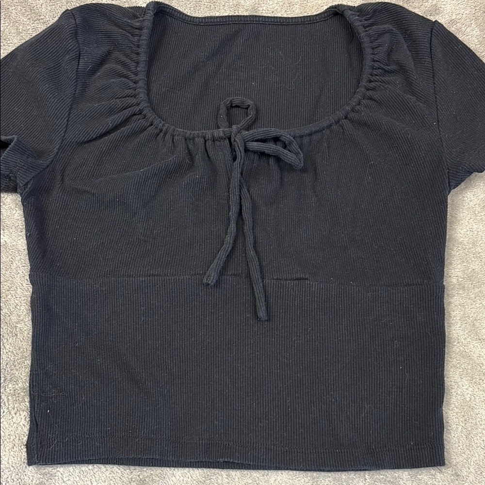 Black Crop Tie Front Short Sleeve Blouse